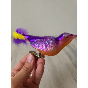 Purple glitter bird clip glass feather ornament sparkle yellow